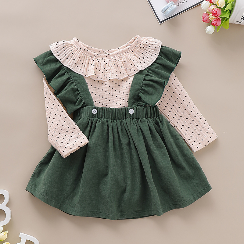 Girl Ruffles Polka Dot Print Tops Strap Dresses 2 Pcs