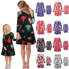 Fmaily Matching Parent-Child Dress Christmas Long-sleeved Print Look Same