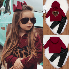 Girl Leopard Embroidered Trend Leather 2 Pcs Outfit Tracksuit