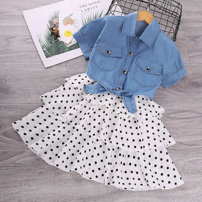 Kid GirlShort-sleeved Cowboy Wave Point Halter Spring Dresses