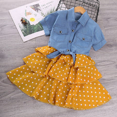 Kid GirlShort-sleeved Cowboy Wave Point Halter Spring Dresses