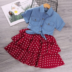 Kid GirlShort-sleeved Cowboy Wave Point Halter Spring Dresses