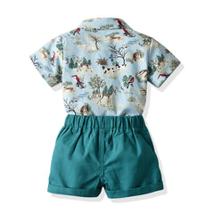 Baby Boy Summer Linen Lapel Short Sleeve Printed Beach 2 Pcs Sets