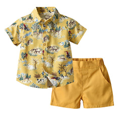 Baby Boy Summer Linen Lapel Short Sleeve Printed Beach 2 Pcs Sets
