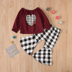 Fashion Baby Kid Girls Valentine's Day Love Plaid Bell Bottoms 2 Pcs Sets