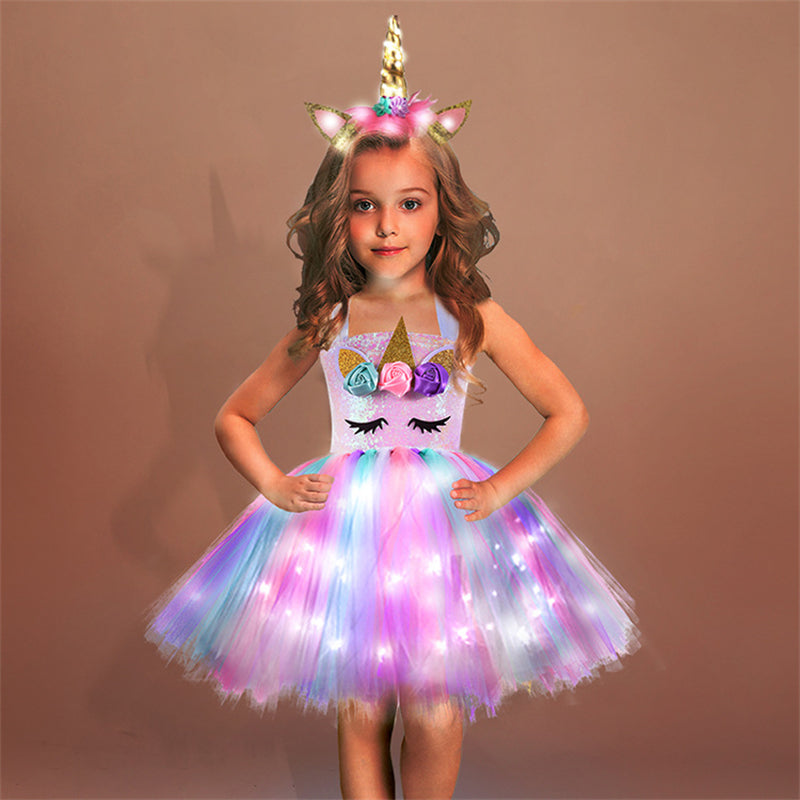Kid Baby Girls Shiny Unicorn Tutu With Headwear LED Light Sequined Dresses