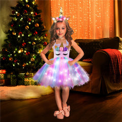 Kid Baby Girls Shiny Unicorn Tutu With Headwear LED Light Sequined Dresses