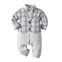 Baby Boy Jumpsuit Gentleman Bow Tie Crawl Plaid Rompers