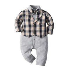 Baby Boy Jumpsuit Gentleman Bow Tie Crawl Plaid Rompers