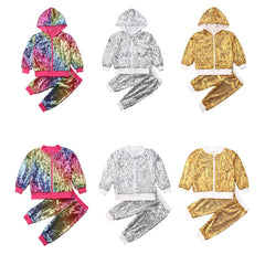 Toddler Kids Girls Outfits Shiny Hooded Zipper Sequin Tops+Bottoms 2 Pcs