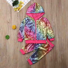 Toddler Kids Girls Outfits Shiny Hooded Zipper Sequin Tops+Bottoms 2 Pcs