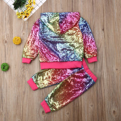 Toddler Kids Girls Outfits Shiny Hooded Zipper Sequin Tops+Bottoms 2 Pcs