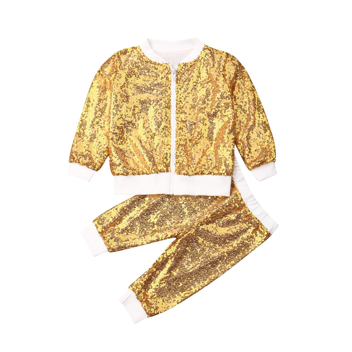 Toddler Kids Girls Outfits Shiny Hooded Zipper Sequin Tops+Bottoms 2 Pcs