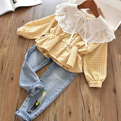 Autumn Girls Fashion Long Sleeve Plaid Cotton Blouses