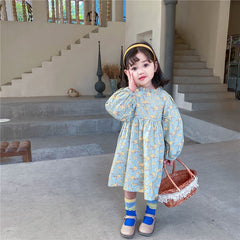 Girls Long Sleeve Floral Lolita Dress Cotton Dress with Apron 2 Pcs