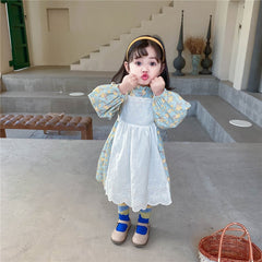 Girls Long Sleeve Floral Lolita Dress Cotton Dress with Apron 2 Pcs