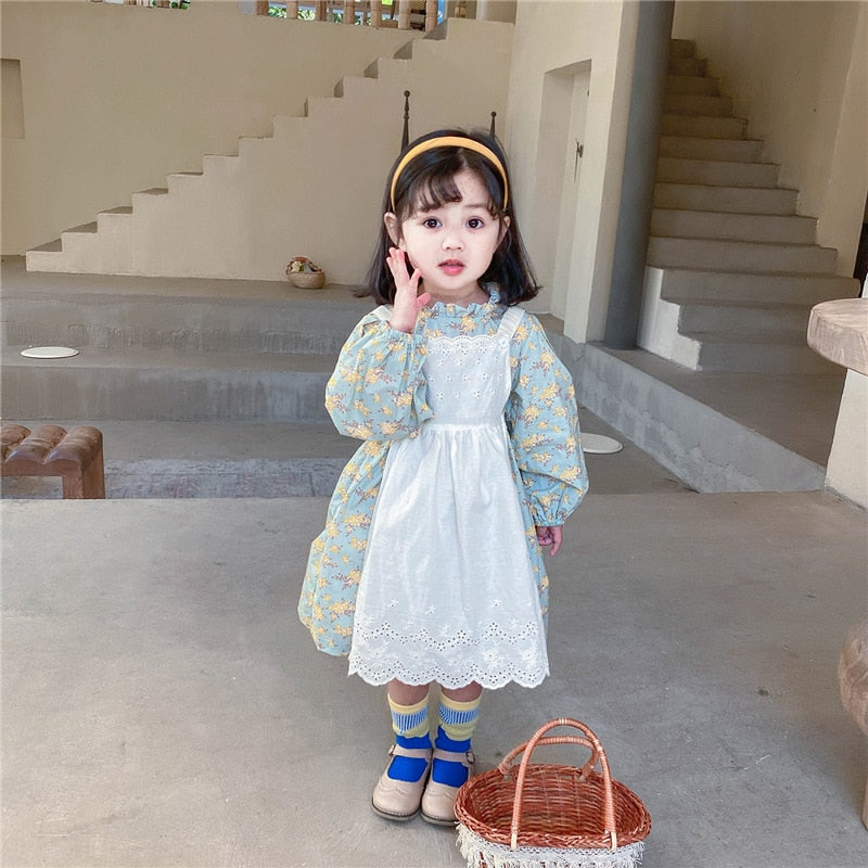Girls Long Sleeve Floral Lolita Dress Cotton Dress with Apron 2 Pcs