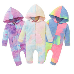 Infant Baby Kid Tie Dyeing Long Sleeve Hooded Zipper Romper