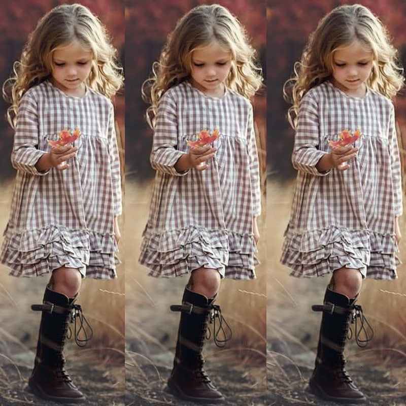 Girls Fashion Spring Ruffled Squares Apparel Casual Dress