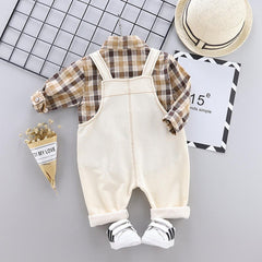 Baby Boys Cartoon Plaid Tops Bib 2Pcs Tracksuits  0-4 Years
