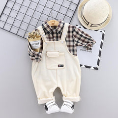 Baby Boys Cartoon Plaid Tops Bib 2Pcs Tracksuits  0-4 Years
