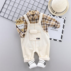 Baby Boys Cartoon Plaid Tops Bib 2Pcs Tracksuits  0-4 Years