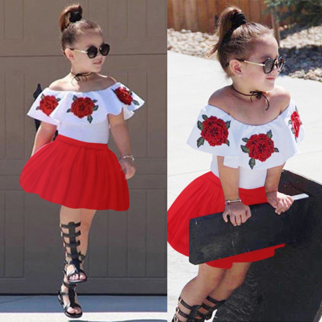 Summer Baby Kid Girls Off Shoulder Rose Embroidery 2 Pcs Sets