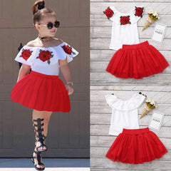 Summer Baby Kid Girls Off Shoulder Rose Embroidery 2 Pcs Sets