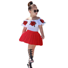 Summer Baby Kid Girls Off Shoulder Rose Embroidery 2 Pcs Sets