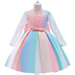 Kid Girl Princess Party Wedding Evening Elegant Bow Rainbow Dresses