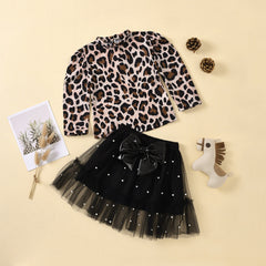 Toddler Kids Girls Set Leopard Print Pullover Tulle Skirt 2 Pcs Outfits Suit