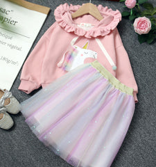 Girls Autumn Fashion Suit Rainbow Unicorn Mesh 2 Pcs Set
