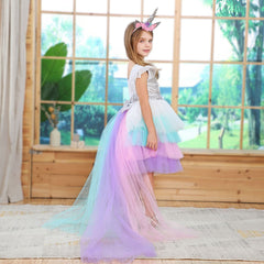 Girls Unicorn Princess Rainbow Mesh Ballet Halloween Christmas Dress