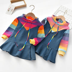 Autumn Kid Baby Little Girl Rainbow Denim Dress