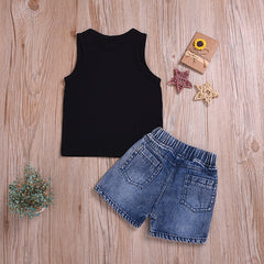 Kid Baby Sleeveless Letter Top Denim Shorts 2 Pcs Set Outfit