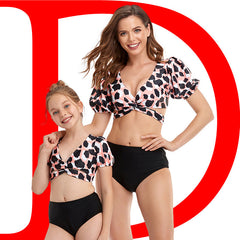 Family Matching Mom Daughter Bubble Sleeve Bikini Swimsuit