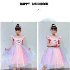 Kid Baby Girls Summer Unicorn Frozen Princess Elsa Rainbow Mesh Dresses