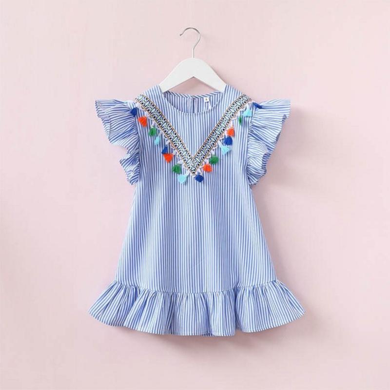 Family Matching Mommy And Me Fringed Embroidery Striped Dresses