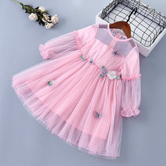 Girl Lace Chiffon Flower Draped Ruched Flower Casual Dresses 3-7 Years