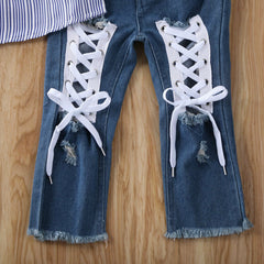 Kid Girl Flower Embroidered Off Shoulder Denim Sets 2 Pcs