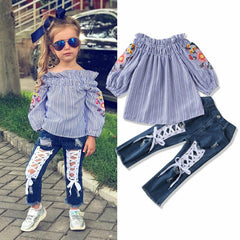 Kid Girl Flower Embroidered Off Shoulder Denim Sets 2 Pcs
