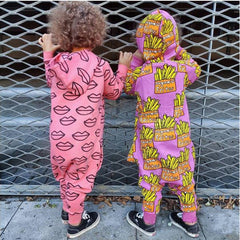 Baby Girl Hooded Chip Print Zip-up Jumpsuit Rompers