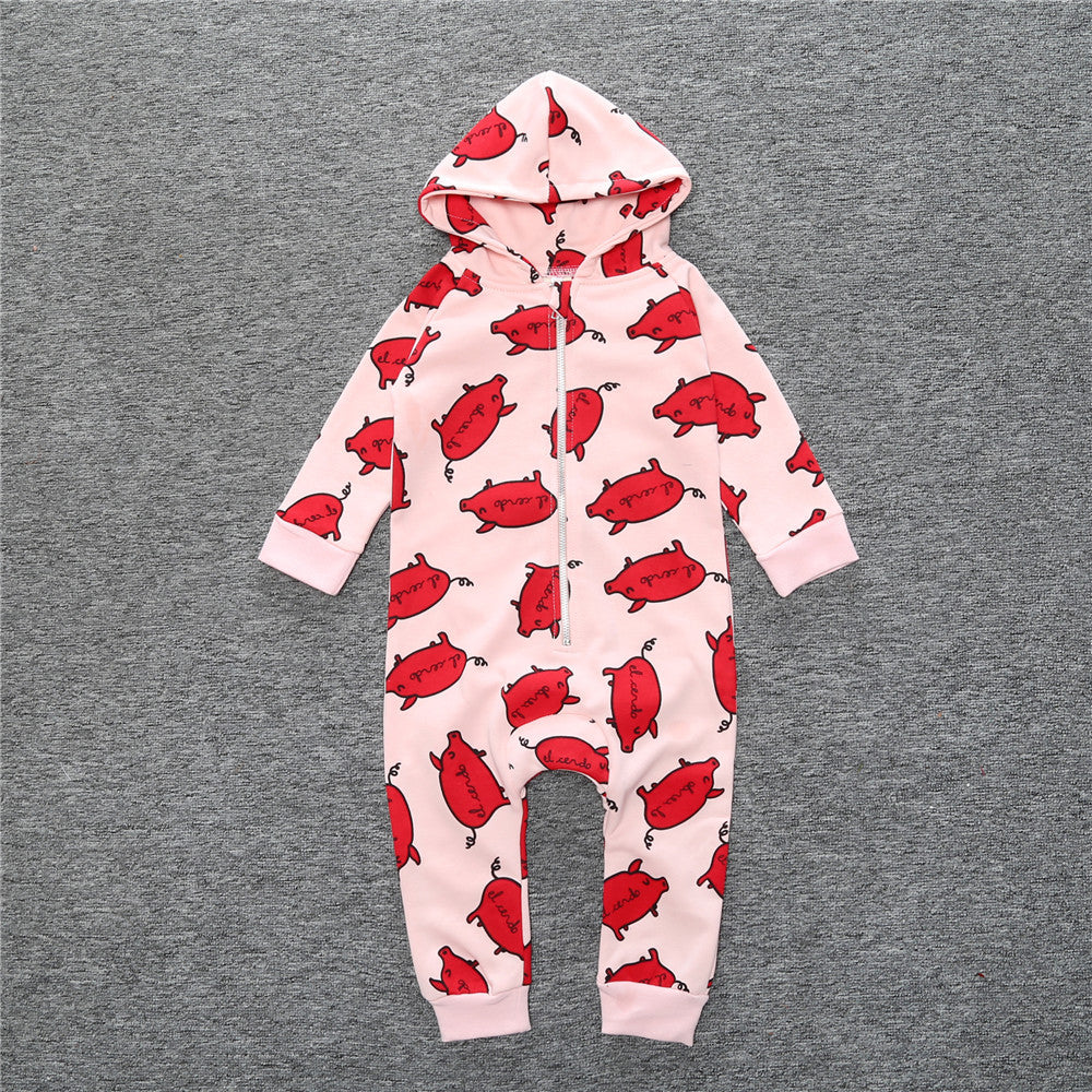 Baby Girl Hooded Chip Print Zip-up Jumpsuit Rompers