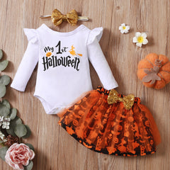 0-18M Halloween Baby Girls Pumpkin Letter Printing Long Sleeve 2 Pcs Sets