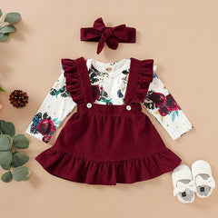 Sweet Baby Girl Long-Sleeve Floral Jumpsuit Dress Headband 3Pcs