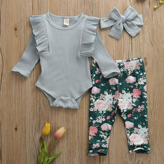 Baby Girls Knit Ruffle Long Sleeve 3Pcs Floral Sets