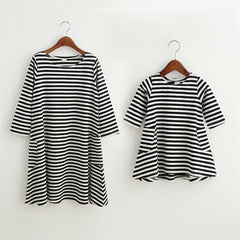 Family Matching Parent-child Black and White Stripe Casual Dress