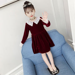 Girl Gold Autumn Pleuche Dress Lace Flower Princess Dresses 3-14 Years