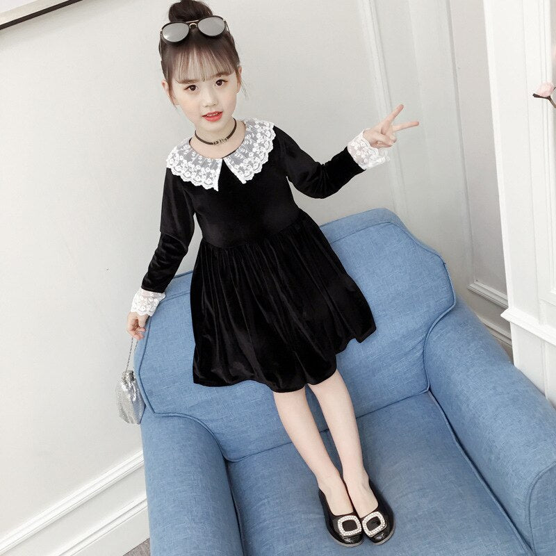 Girl Gold Autumn Pleuche Dress Lace Flower Princess Dresses 3-14 Years