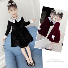 Girl Gold Autumn Pleuche Dress Lace Flower Princess Dresses 3-14 Years